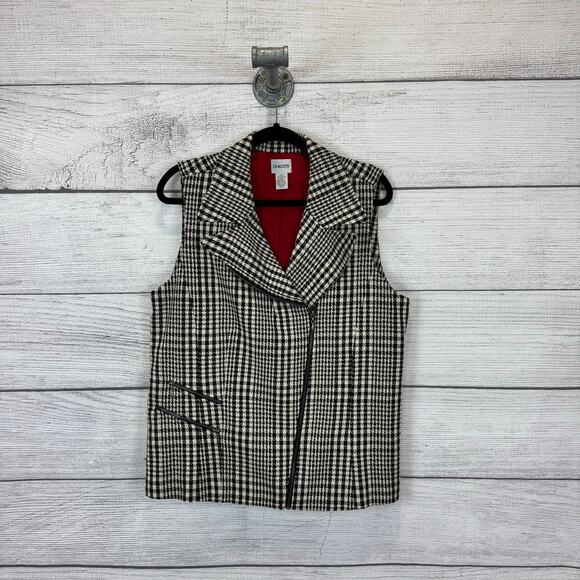 Chico's Women's Cream & Black Checkered Sleeveless Zip Vest Size 2/Large - Picture 1 of 7